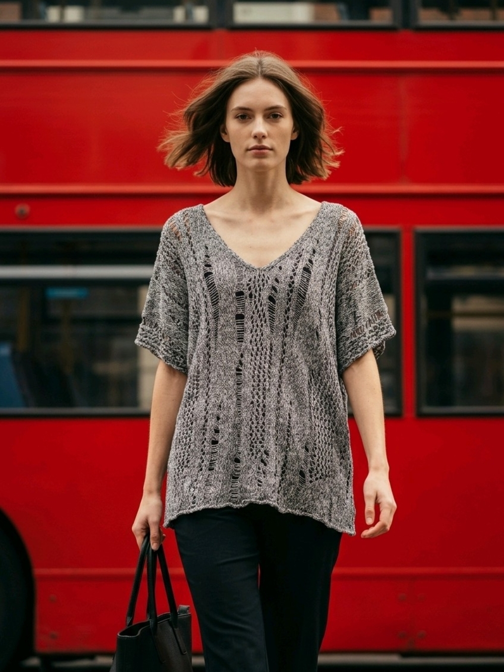 Eileen Fisher Gray 100% Cotton/ Linen Blend Open-Knit V-Neck Tunic Sweater